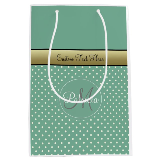 Charming & Eleganz: Mint Green Monogram Polka Dot Mittlere Geschenktüte (Vorderseite)