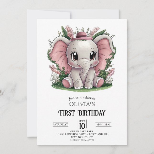 Charming Elephant 1. Geburtstag digital Einladung (Vorderseite)