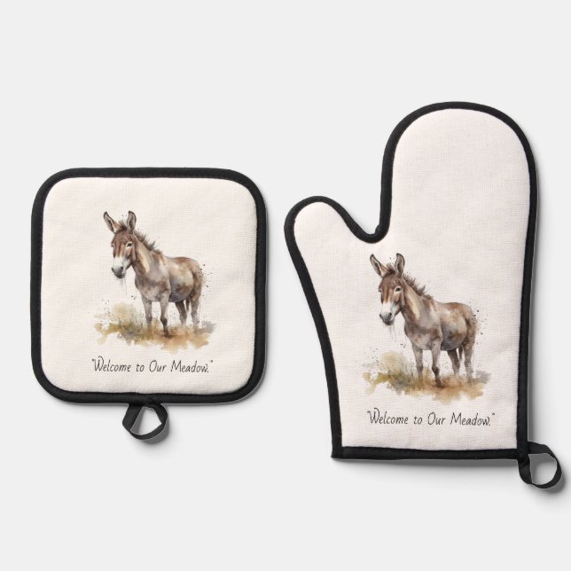 Charming-Eselsnähe, Brauch Ofenhandschuh & Topflappen-Set (Vorderseite)