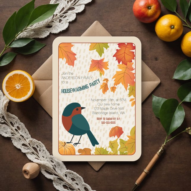 Charming Fall Housewarming Leaves Minimalist Bird Einladung (Charming fall housewarming invite with a robin, swirling leaves, and vibrant autumn colors.)