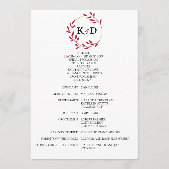 Charming Fall Leaf Monogram Wedding Programm (Vorderseite)