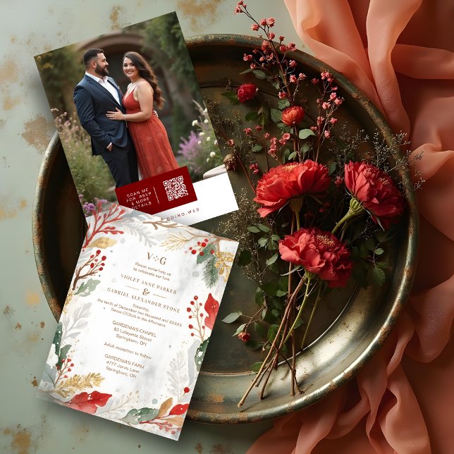 Charming Fall Nature Frame Photo Wedding Einladung (Classic Timeless Elegant Christmas Wedding Wreath Invitation Cards with Back Photo and Modern QR.)