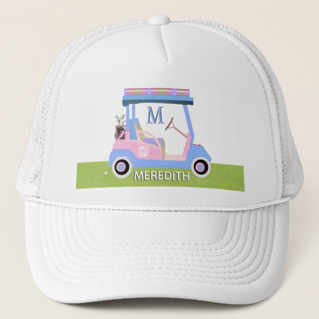 Charming Feminine Golf Cart Clubs Monogram Name Truckerkappe (Vorderseite)