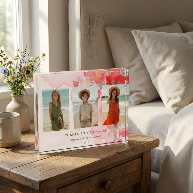 Charming Floral 3-Photo Collage Family Keepsake Fotoblock (Charming Floral Three Photo Family Keepsake with Mom Nan Dad Photo Block Memories.)