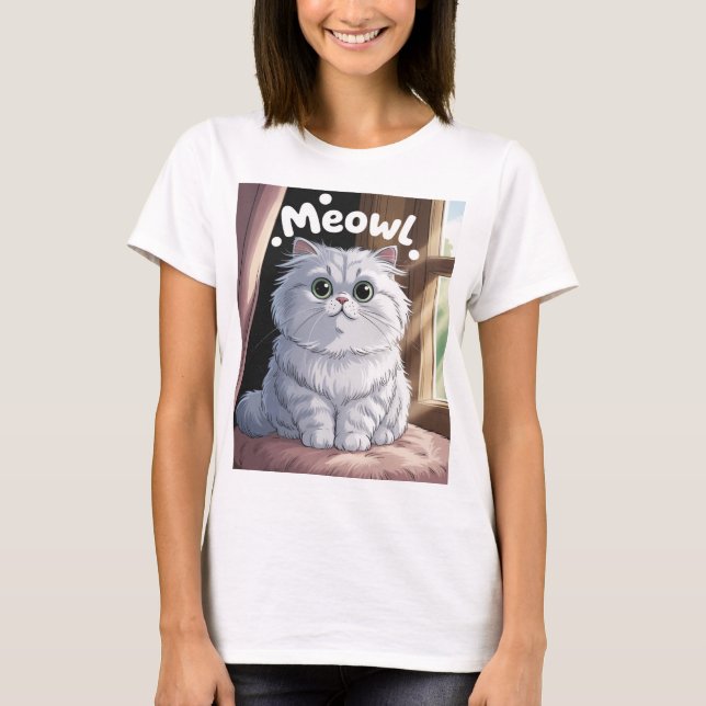 Charming Fluffy White Persian Cat "Meow!" Aufklebe T-Shirt (Vorderseite)