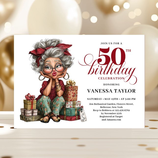 Charming Funny Lady 50th Birthday Quirky Humor  Einladung (Charming Funny Lady 50th Birthday Quirky Humor Invitation)