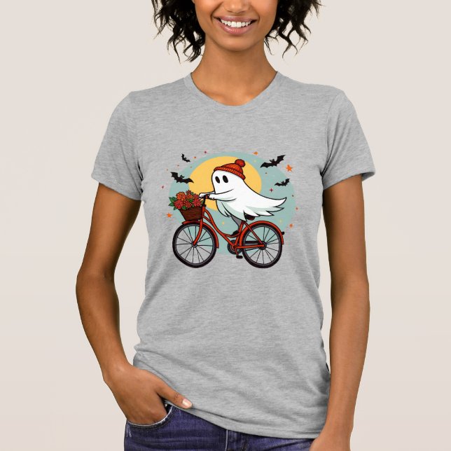 Charming Ghost on Bicycle Halloween Design mit Fl T-Shirt (Vorderseite)