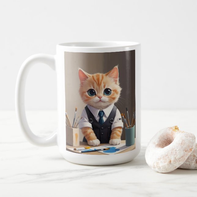 Charming Ginger Cat Artist mit Pinsel Niedlich Kaffeetasse (Mit Donut)