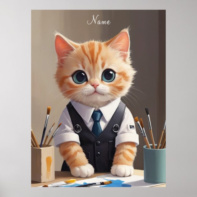 Charming Ginger Cat Artist mit Pinsel Niedlich Poster (Vorne)