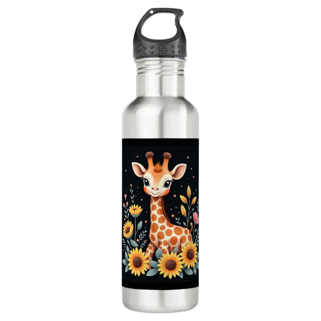 Charming Giraffe Surrounded By Flowers Long Sleeve Edelstahlflasche (Vorderseite)