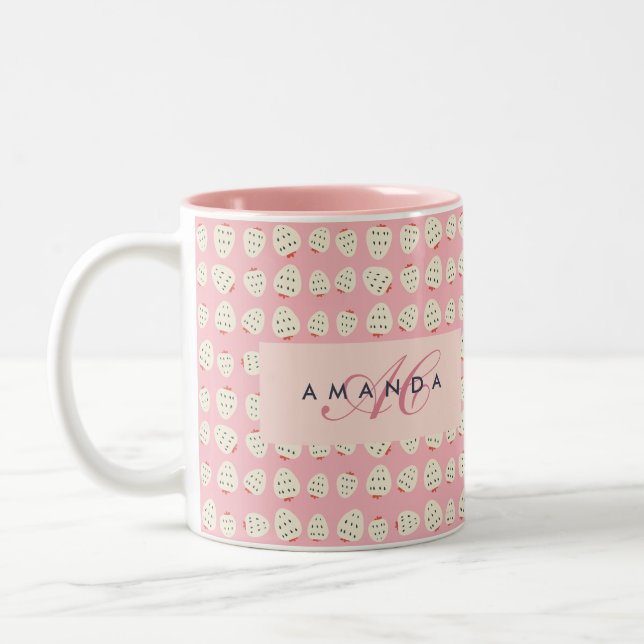 Charming Girly Strawberry Muster Monogram Geschenk Zweifarbige Tasse (Links)