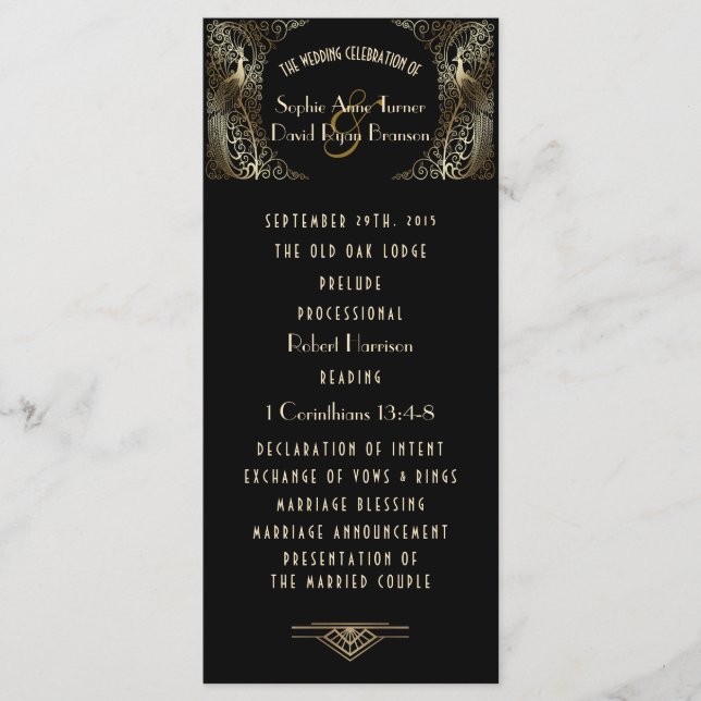 Charming Gold Art Deco Friedensprogramm Hochzeiten Menükarte (Vorderseite)