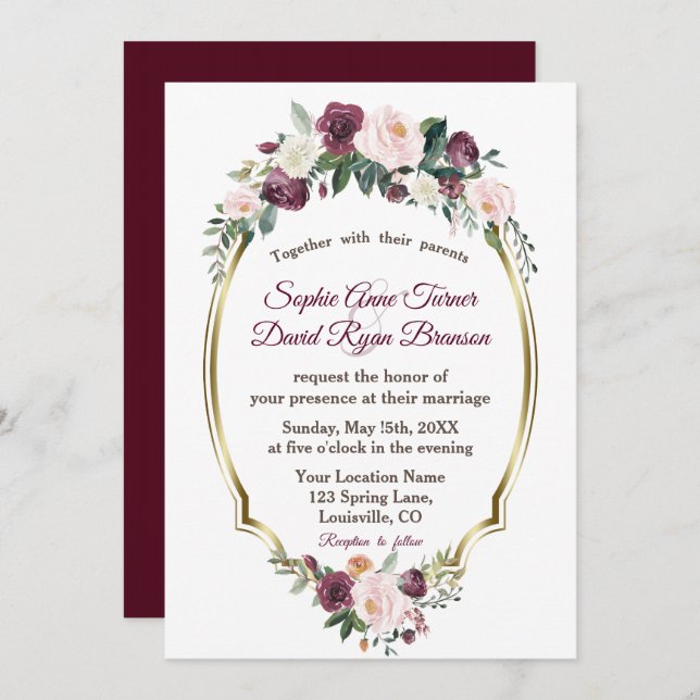 Charming Gold Burgundy Blush Floral Wedding Einladung (Vorne/Hinten)