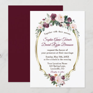Charming Gold Burgundy Blush Floral Wedding Einladung