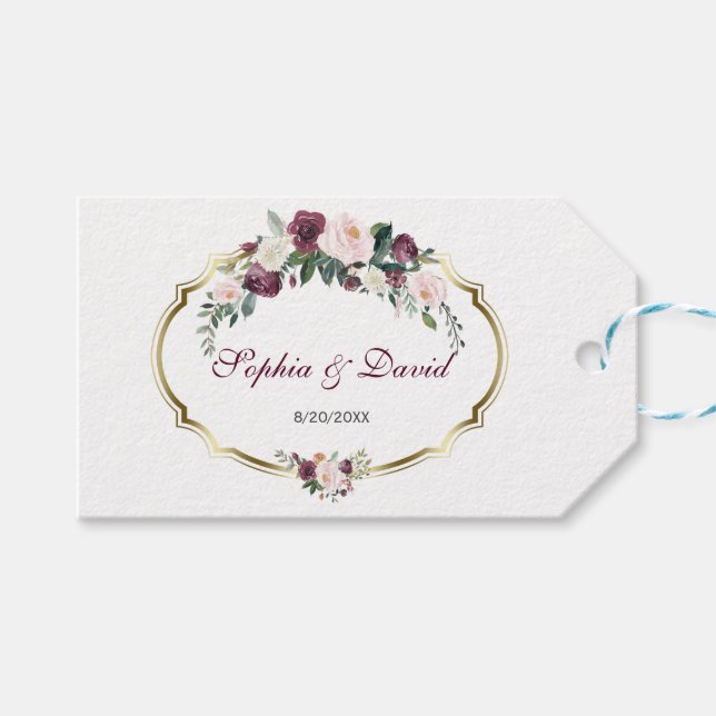 Charming Gold Burgundy Blush Floral Wedding Geschenkanhänger (Vorderseite (Horizontal))