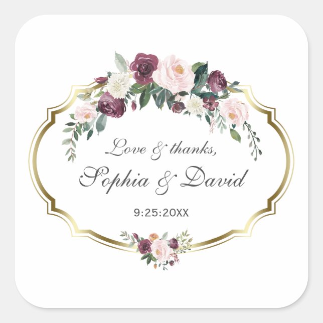 Charming Gold Burgundy Blush Floral Wedding Quadratischer Aufkleber (Vorderseite)