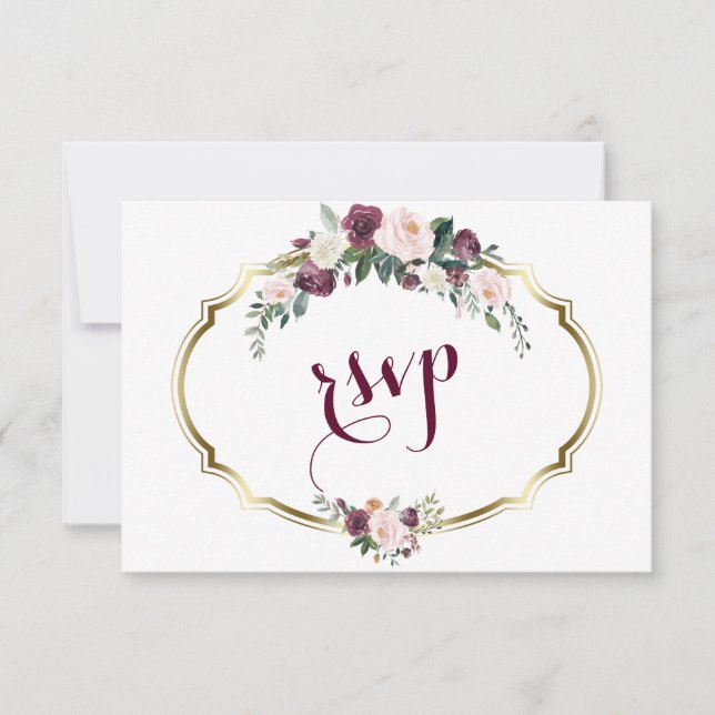 Charming Gold Burgundy Blush Floral Wedding RSVP Karte (Vorderseite)