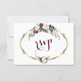 Charming Gold Burgundy Blush Floral Wedding RSVP Karte
