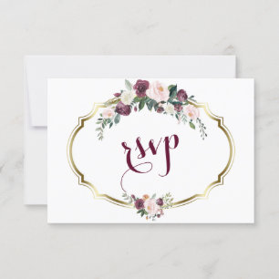 Charming Gold Burgundy Blush Floral Wedding RSVP Karte