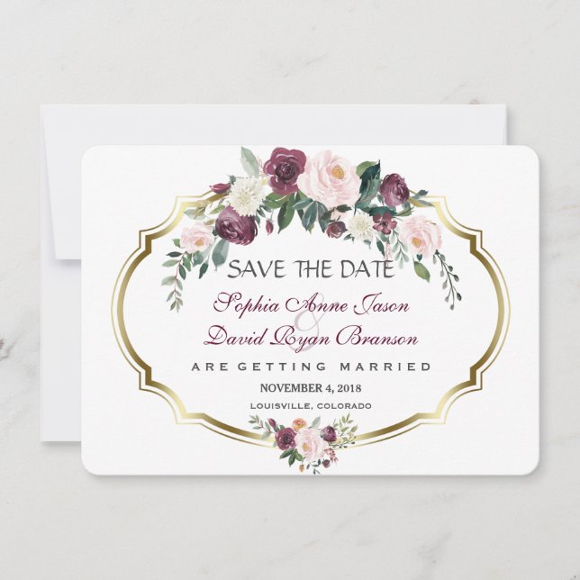 Charming Gold Burgundy Blush Floral Wedding Save The Date (Vorderseite)