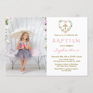 Charming Gold Cross Floral Girl Foto Taufe Einladung