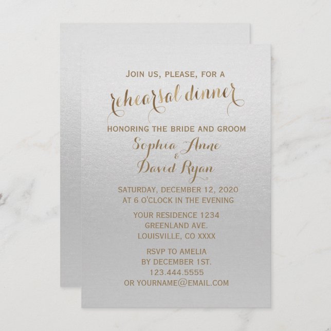 Charming Gold Foil Gray Hochzeitsessen Probe Einladung (Vorne/Hinten)
