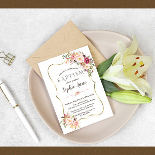 Charming Gold Frame Blush Pink Floral Baptism Einladung