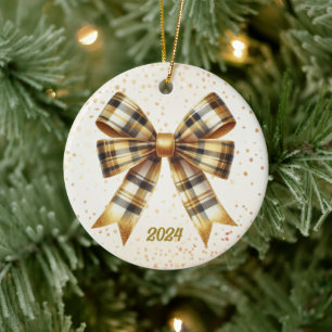 Charming Gold Kariert Bow Year Akzent Keramik Ornament