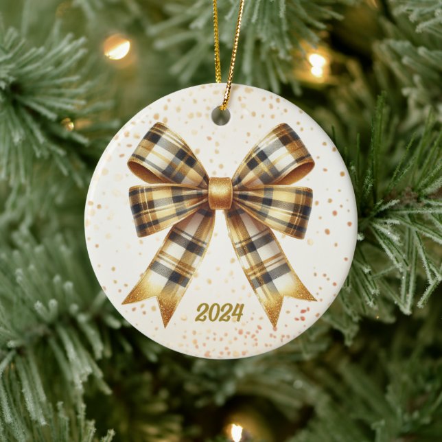 Charming Gold Kariert Bow Year Akzent Keramik Ornament (Baum)