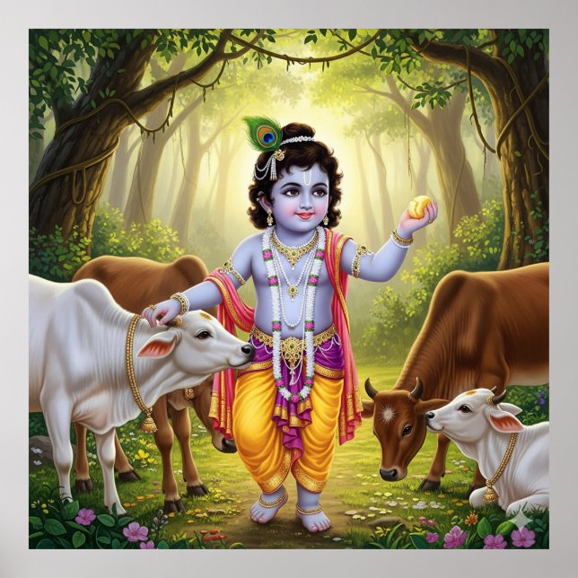Charming Green Pastoral Bala Krishna mit Calves Poster (Vorne)