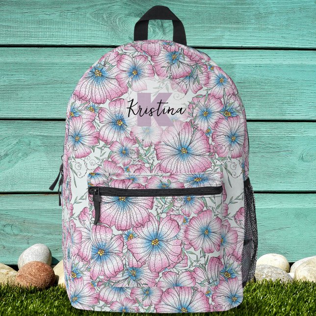 Charming Große rosa blaue blühende Blume Bedruckter Rucksack (Von Creator hochgeladen)