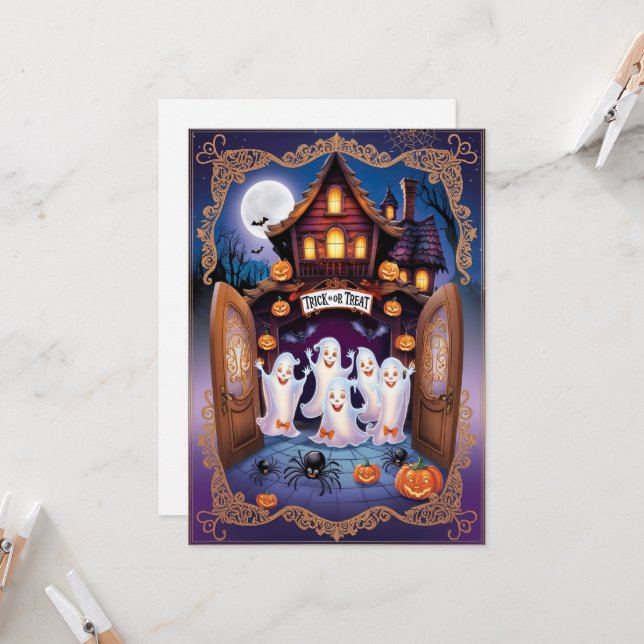 Charming Halloween Cat and Pumpkin House Karte (Vorderseite/Rückseite Beispiel)