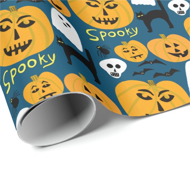 Charming Halloween Pumpkins Spooky Ghost Geschenkpapier (Rolleneckpunkt)