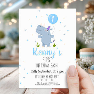 Charming Hippo Blue Balloon 1. Geburtstag Einladung