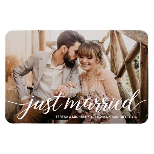 Charming Just Married Script Overlay-Foto Magnet (Horizontal)