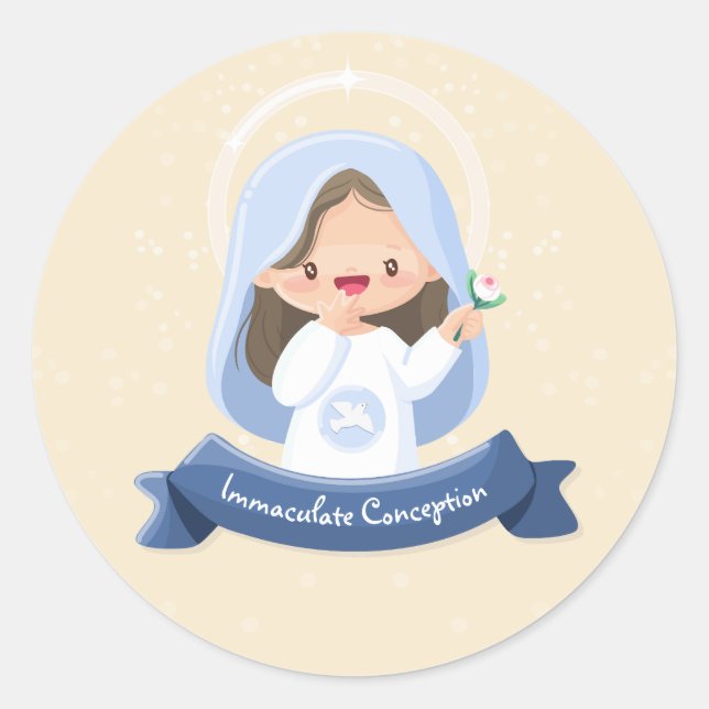 Charming Kawaii Jungfrau Mary mit Blume - Beige Runder Aufkleber (Vorderseite)