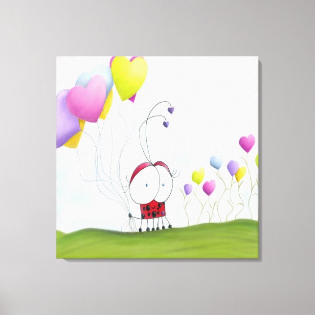 Charming Ladybug mit farbenfrohen Herzballons Leinwanddruck (Vorderseite)