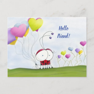 Charming Ladybug mit farbenfrohen Herzballons Postkarte