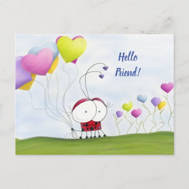 Charming Ladybug mit farbenfrohen Herzballons Postkarte (Vorderseite)