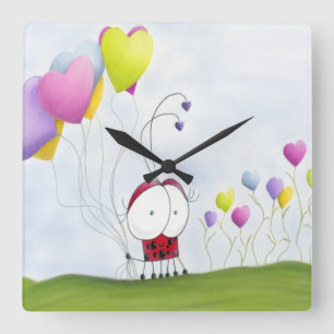 Charming Ladybug mit farbenfrohen Herzballons Quadratische Wanduhr