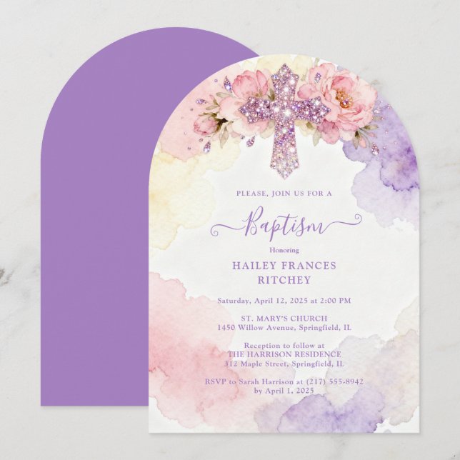 Charming Lavender Glitter Floral Cross Baptism Einladung (Vorne/Hinten)