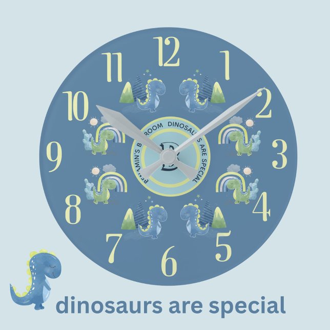 Charming Magical Blue Personalized Dinosaur  Runde Wanduhr (Von Creator hochgeladen)
