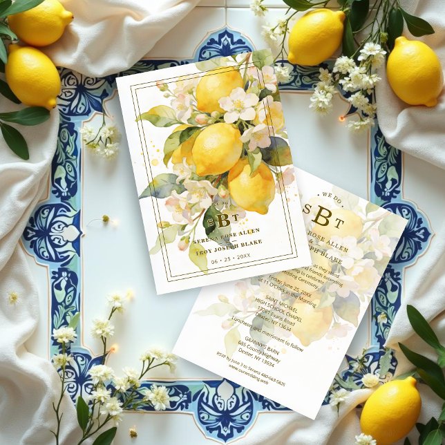 Charming Mediterranean Botanical Floral Lemons Einladung (Charming Romantic Mediterranean Botanical Floral Lemons Branch Composition Wedding Invitation Cards )