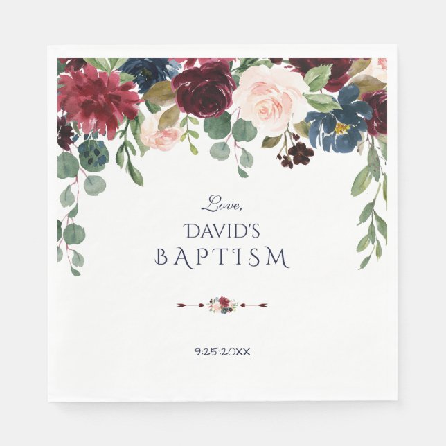 Charming Merlot Navy Blue Floral Taufe Serviette (Vorderseite)