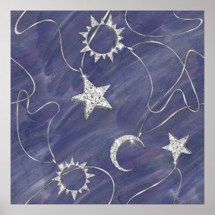 Charming Mystique Silver Moon Stars Sun Amulet Poster