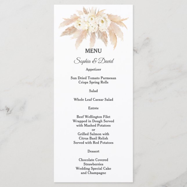 Charming Pampas Grass White Flowers Wedding Menu Menükarte (Vorderseite)