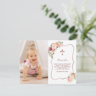 Charming Pink Blume Gold Foto Girl Taufe Dankeskarte