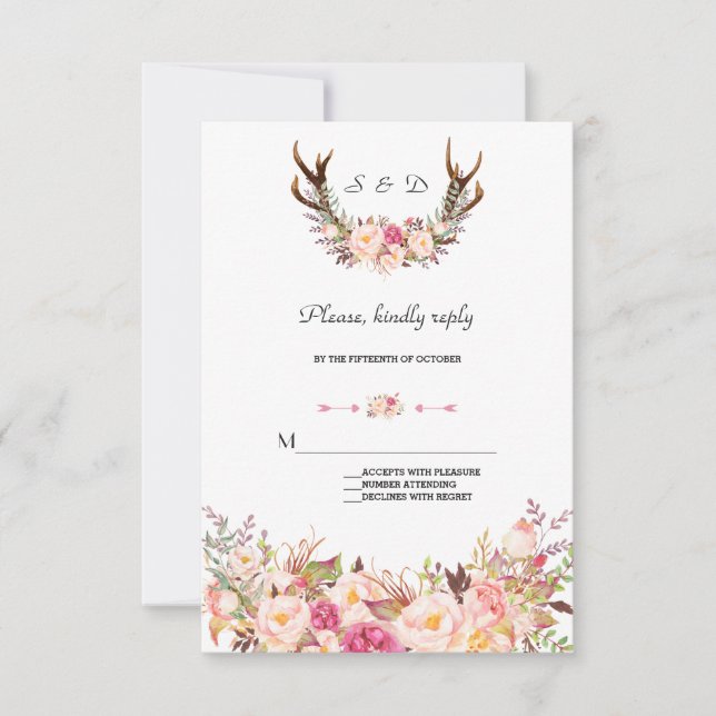 Charming Pink Blush Floral Antlers Wedding RSVP (Vorderseite)