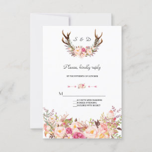 Charming Pink Blush Floral Antlers Wedding RSVP
