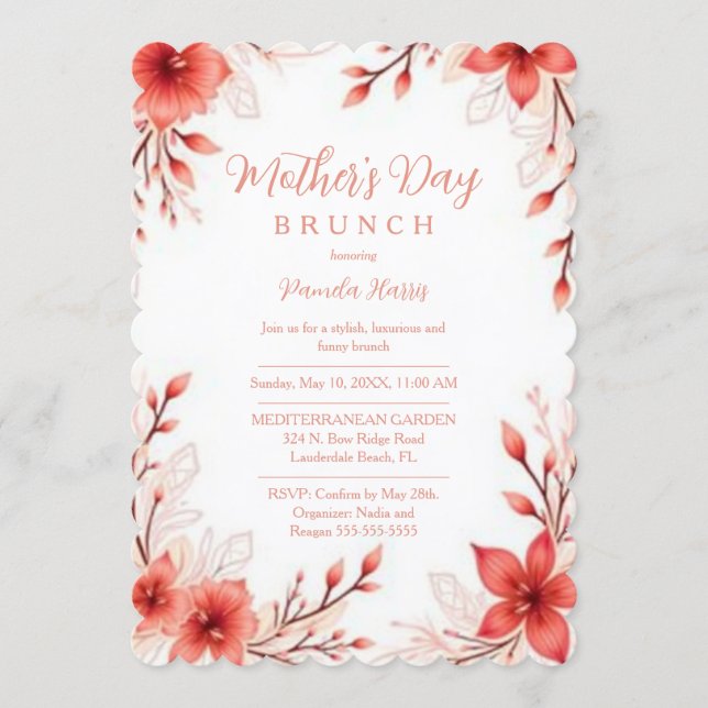 Charming Pink Floral Mothers Day Brunch Einladung (Vorderseite)